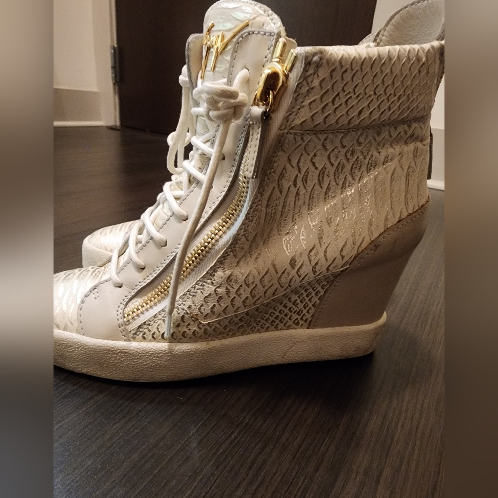 Giuseppe Zanotti White Snake Embossed Leather High Top Wedge Sneakers Size
